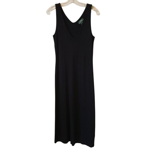 Lauren Ralph Lauren Black Rhinestone V Neck Sleeveless Jersey Midi Dress 90s - Picture 1 of 6